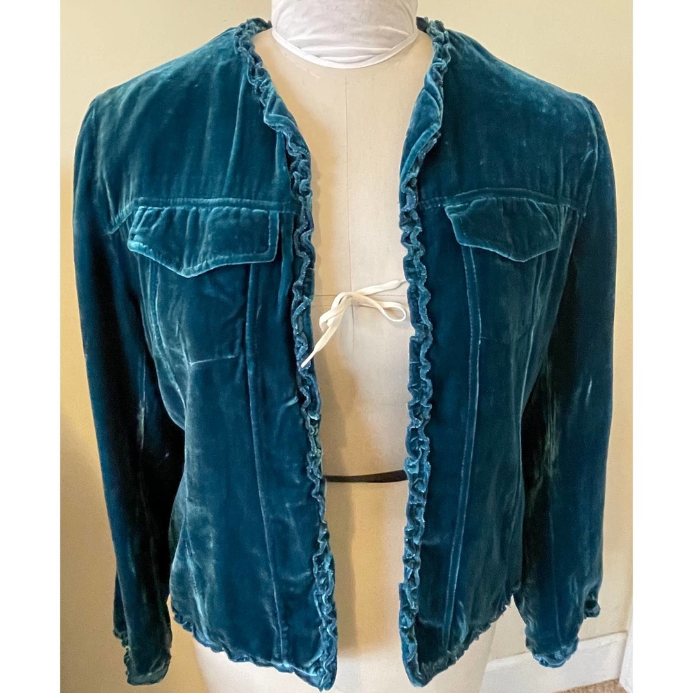 Chicos Silk Blend Velour Open Cardigan Green LS Size 1 Medium EUC Vintage
